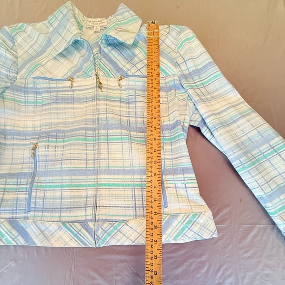 St John Cream/Teal/Blue Watercolor Plaid Gold Zip Jacket Size Large $425 - Picture 13 of 13